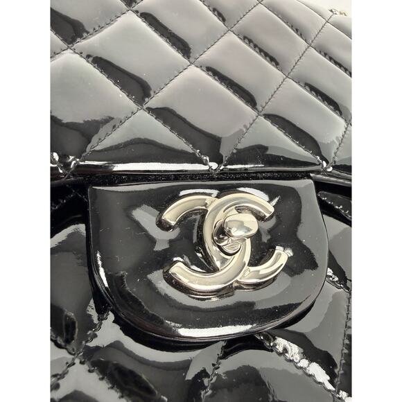 Chanel Patent Quilted Jumbo Single Flap Bag Black with Silver Hardware B-2 - Picture 14 of 16